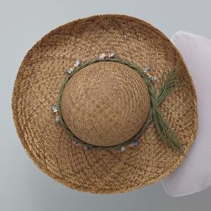 Straw Beach Hat Large Brim  Braided Twine and Shell Accents at Crown